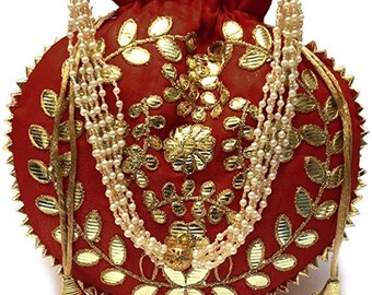 Maroon golden Bag Jewelry Coin Pouch Potli Bag Gota Patti Work Potli Bag Batwa Pearls Handle Purse Clutch Purse for Women