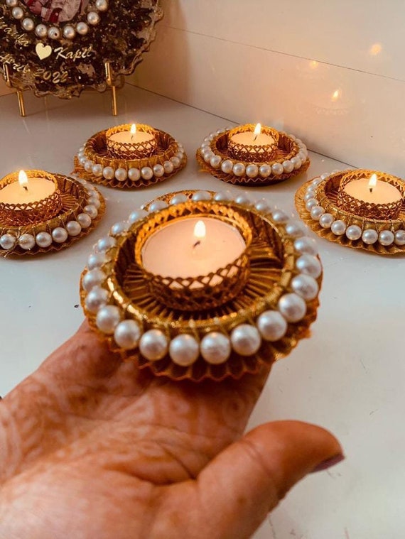 Metal Diya With Pearls, Diwali Decor, Indian Wedding Favors, Indian  Tealight Holder, Diwali Gifts, Diwali Decoration, Tealight Candle Stand 