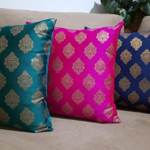 Set of 4 Silk Cushion Covers 16x16 Inches, Sofa Cushion Cover, Diwali Gift, Decorative Throw Pillow, Decorative Cushion,