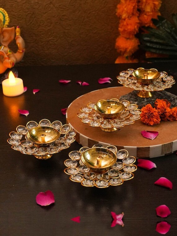 Antique Metal Crystal Akhand Diya Oil Lamp for Puja Room Mandir Tea Light Holder Decor Decorative Diyas Deepak for Temple Diyas