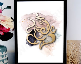 May include: A gold-colored illustration of the Hindu deity Ganesha, with a watercolor background in shades of pink, gray, and blue.