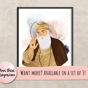May include: A digital illustration of a Sikh religious figure with a white beard and turban. The figure is wearing a brown and gold robe and has a gold symbol on their hand. The background is a watercolour wash of blue, pink, and white.
