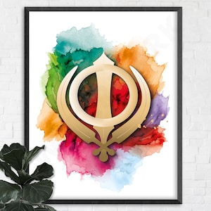 Khanda, Sikh Symbol, sikhism, religion, punjab, Positive, New home, Spiritual wall art, Watercolor & digital