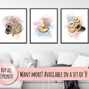 Set of 3 prints Modern Ganesh, Om & Candle Wall Art, Shiva, Hindu art print, New home, Yoga, Diwali or Birthday gift, Spiritual wallart image 1