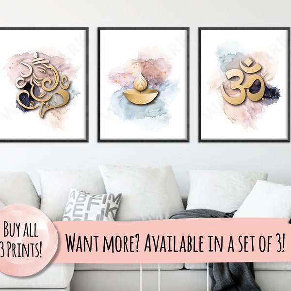 Set of 3 prints - Modern Ganesh, Om & Candle Wall Art, Shiva, Hindu art print, New home, Yoga, Diwali or Birthday gift, Spiritual wallart