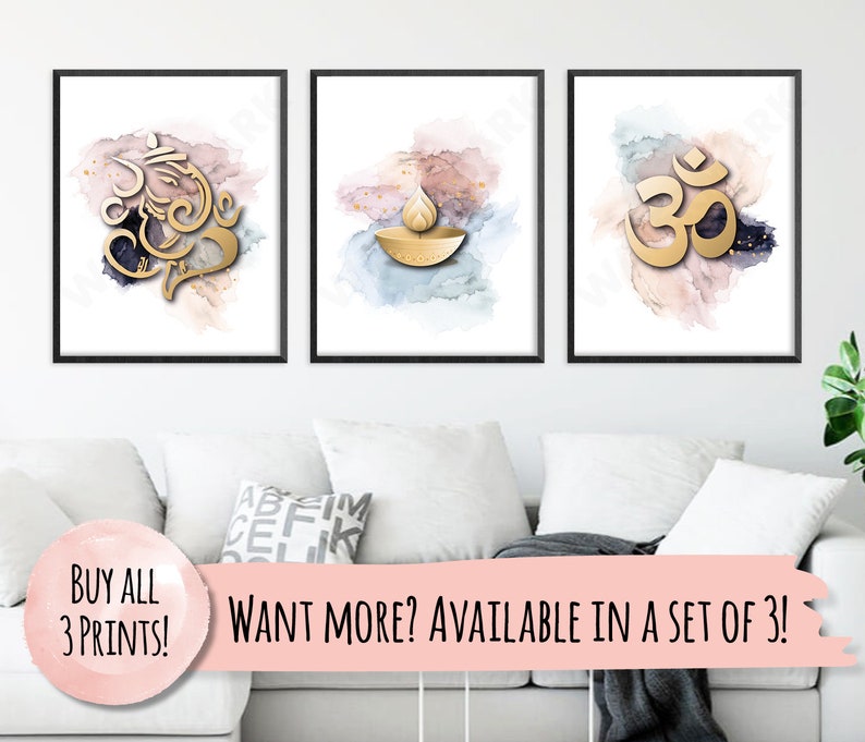 Set of 3 prints Modern Ganesh, Om & Candle Wall Art, Shiva, Hindu art print, New home, Yoga, Diwali or Birthday gift, Spiritual wallart image 1