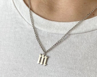 Mens Necklace, Silver Initial Necklace, Curb Chain Necklace, Personalized Gift for Men, Custom Letter Necklace, Personalized jewelry