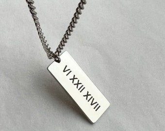 Engraved Custom Necklace for Men, Custom Minimal Necklace, Couples Jewelry Gift, Personalized Engraved Necklace, Roman Numeral Year Jewelry