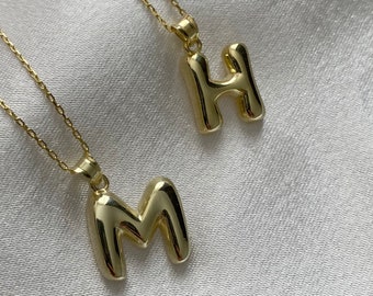 Balloon Letter Necklace, 14k Gold Bubble Initial Pendant, Custom Puff Letter, Personalized Jewelry, Gift for Her, Handmade Gift