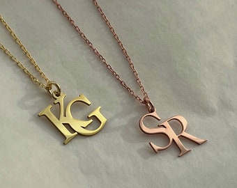 14K Solid Gold Two Initials Necklace, Double Letters Pendant, Double initial Necklace, Couple necklace, Custom Initial Necklace