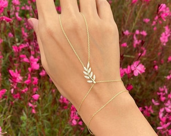 CZ Leaf Hand Chain Bracelet, Silver Wrap Bracelet, Adjustable Bracelet, Ring Bracelet, Gold Finger Bracelet, Gift for Her, Gift for mom