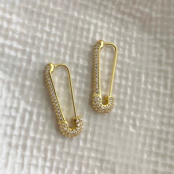 Pin Earring, Silver Safety Pin Earring, Gold CZ Hoops, Dainty Huggies, Gold earrings, Sparkly Safety Pins, Gift for her