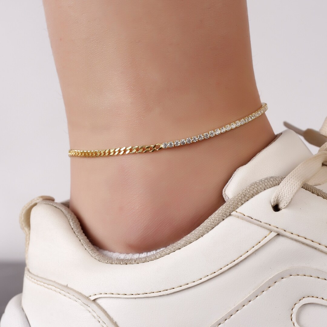 14k Gold Half Tennis Curb Chain Ankle Bracelet Sterling Etsy