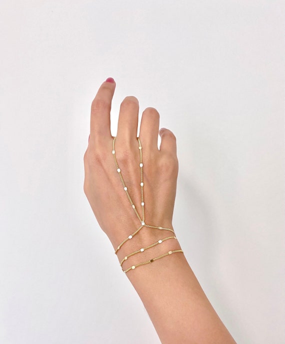 14K Gold Slave Bracelet Cz Stone Hand Bracelet Boho Finger Ring Bracelet  Gifts | eBay