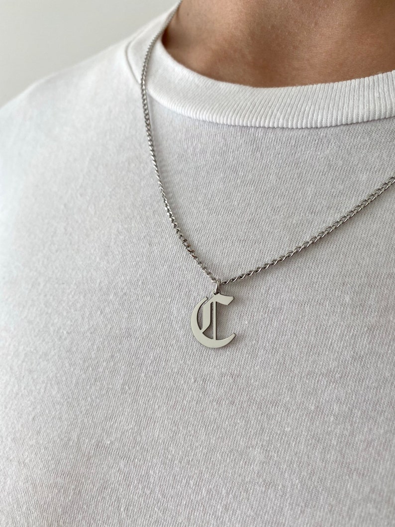 Mens Necklace Silver Initial Necklace Curb Chain Necklace Etsy