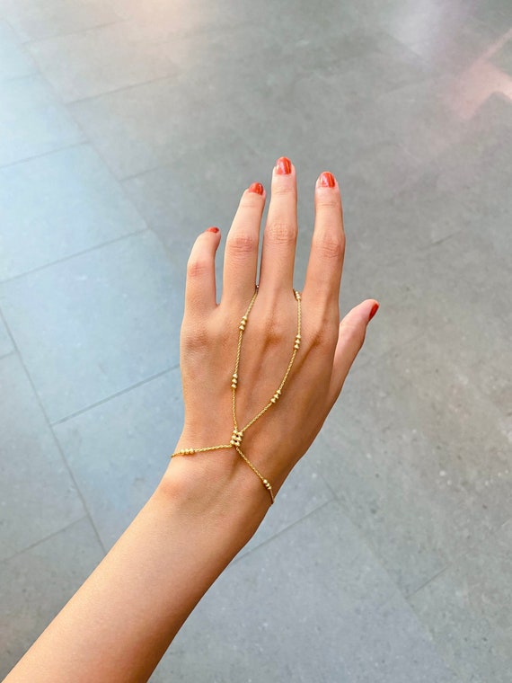 Solid Gold Hand Chain Bracelet W/Zircon Stone Hand Chain Finger Ring  Bracelet | eBay