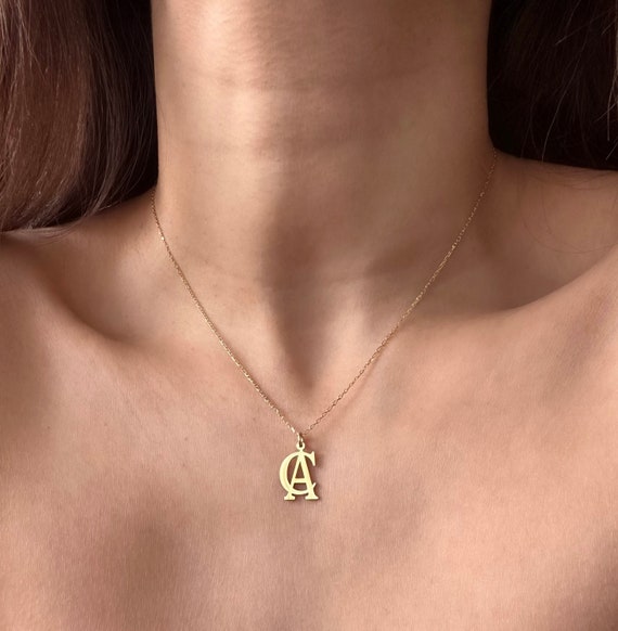 14K Yellow Gold Heart Dainty Letter L Initial Name Monogram Necklace Charm