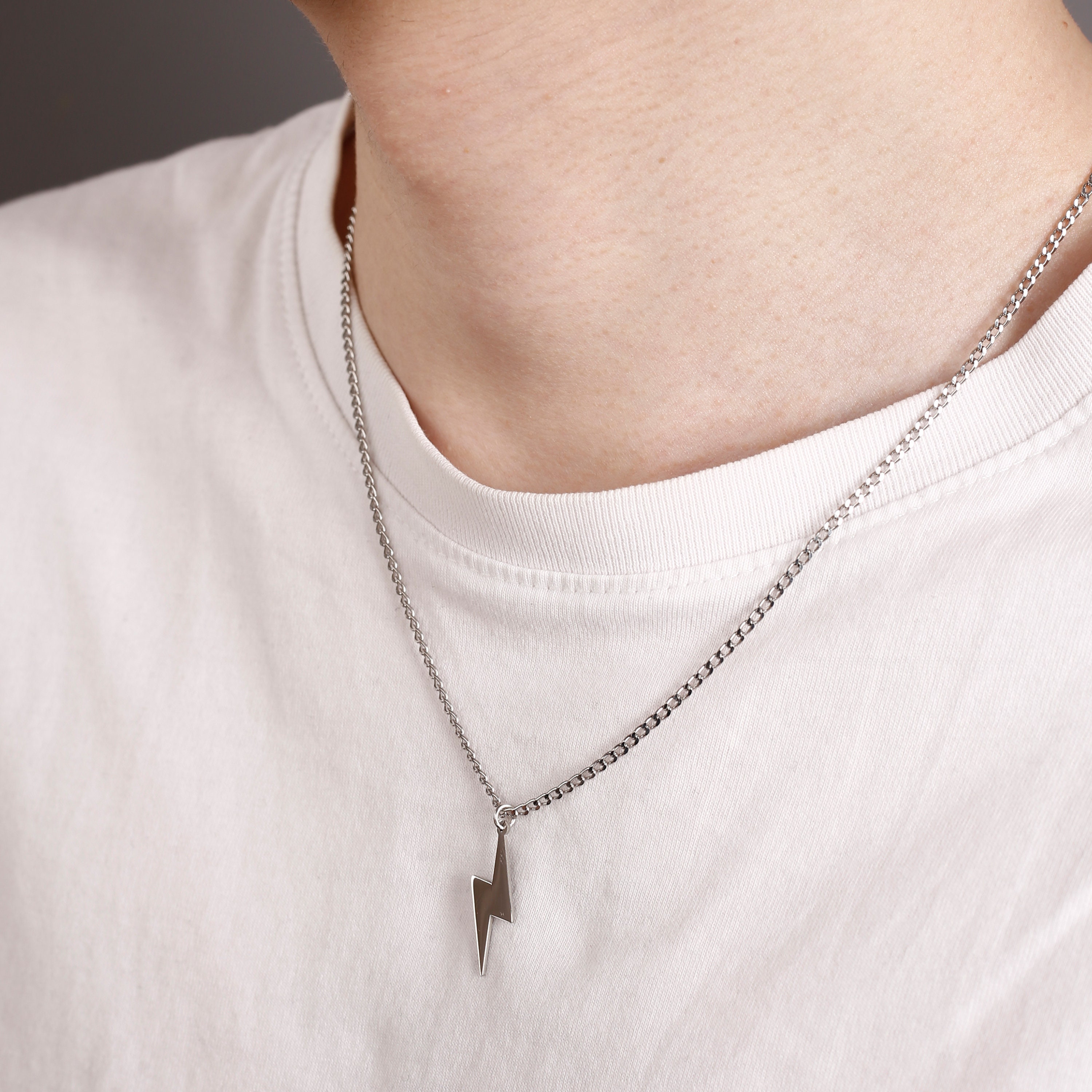 Sterling Silver Lightning Bolt Necklace Mens Necklace Curb Chain