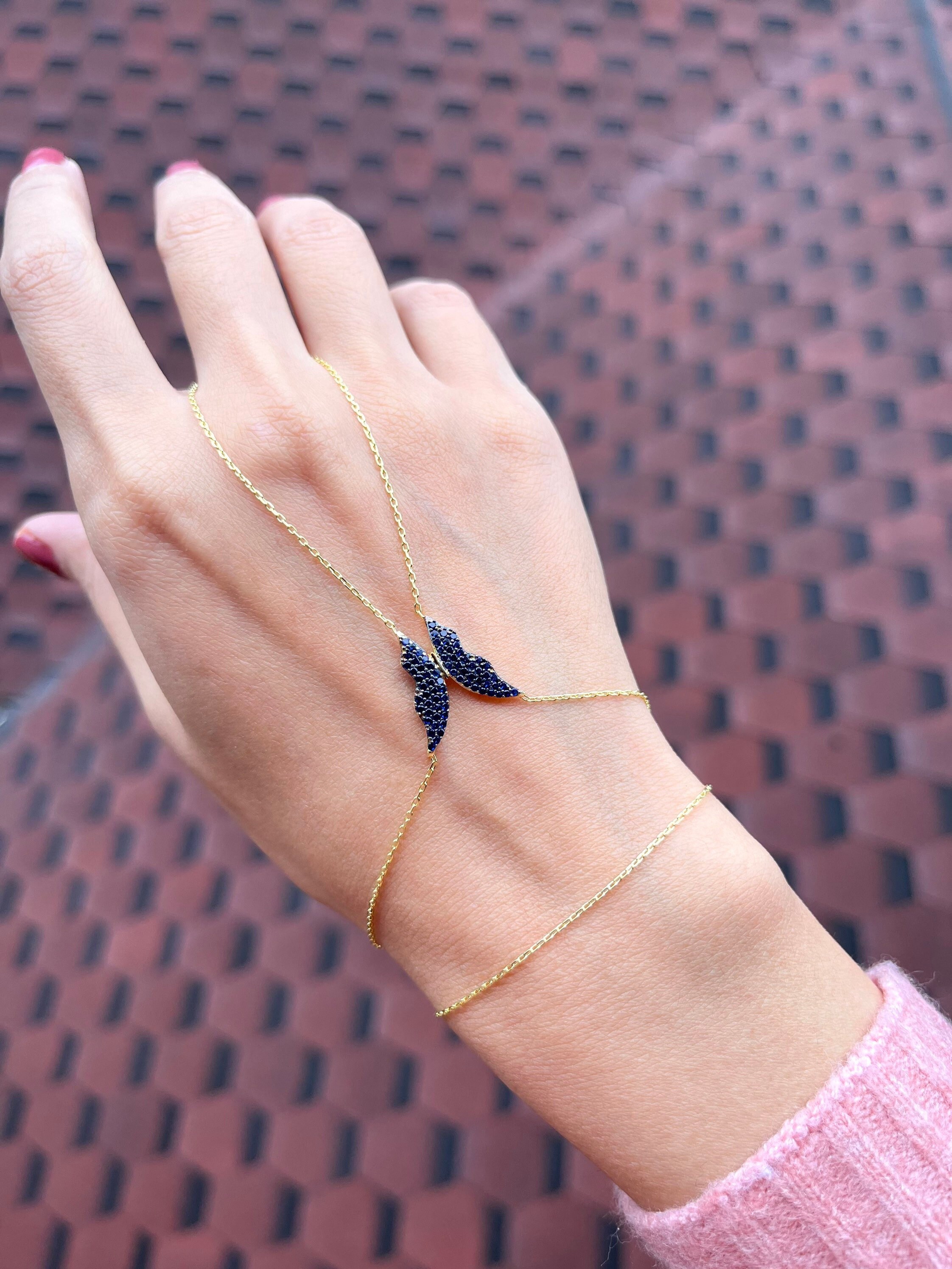 Slaaf Gouden Vinger Armband Sieraden Armbanden Handkettingen CZ Sapphire Butterfly Chain Armband Zilveren Wrap Armband Blauwe Vlinder Cadeau voor Haar Ring Armband 