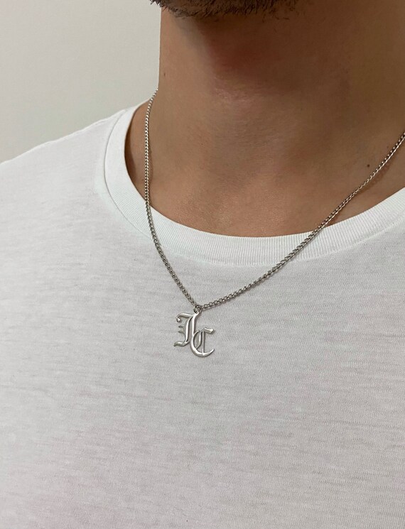 Men Necklace Silver 2 Letter Initial 