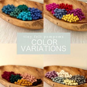 May include: A wooden bowl displays four color palettes of tiny felt pom poms: Ocean, Vivid, Autumnal, and Wintery. The text "tiny felt pompoms COLOR VARIATIONS" is in the center. Each palette features a variety of colors.