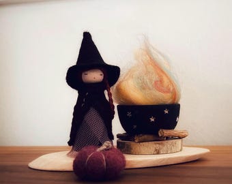 Handmade Halloween Pegdoll Miniature Witch Set Magical Custom Cauldron Whimsical Play Set Imaginative Play Gift Cute Witch Party Favor Fall