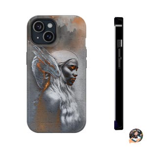 May include: A phone case with a gray and orange design featuring a woman with a dragon on her shoulder. The woman has long, flowing hair and is looking down. The background is a textured, gray surface.