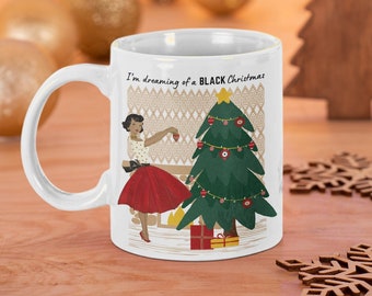 Retro Christmas Mug, Vintage Style Holiday Mug, Black Girl Christmas Mug, Melanin Mug, Retro Christmas Decor, Afro Lady, Hot Chocolate Mug