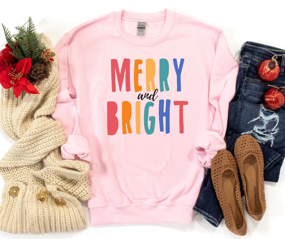 Merry and Bright Christmas Sweatshirt, Colorful Christmas Sweater