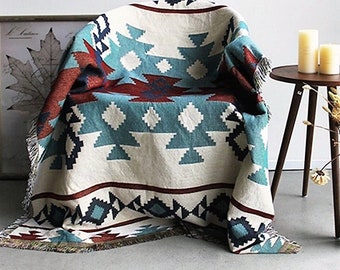 Cotton Navajo Throw Blanket ~ Keep Cosy & Earthy ~ Reversable With Different Colours 130cmx160cm ~ 4 Stunning Colours ~  FREE SHIPPING