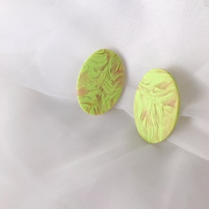 Tie Dye Lime Green Statement Studs | Polymer Clay Earrings | Large Oval Earrings |