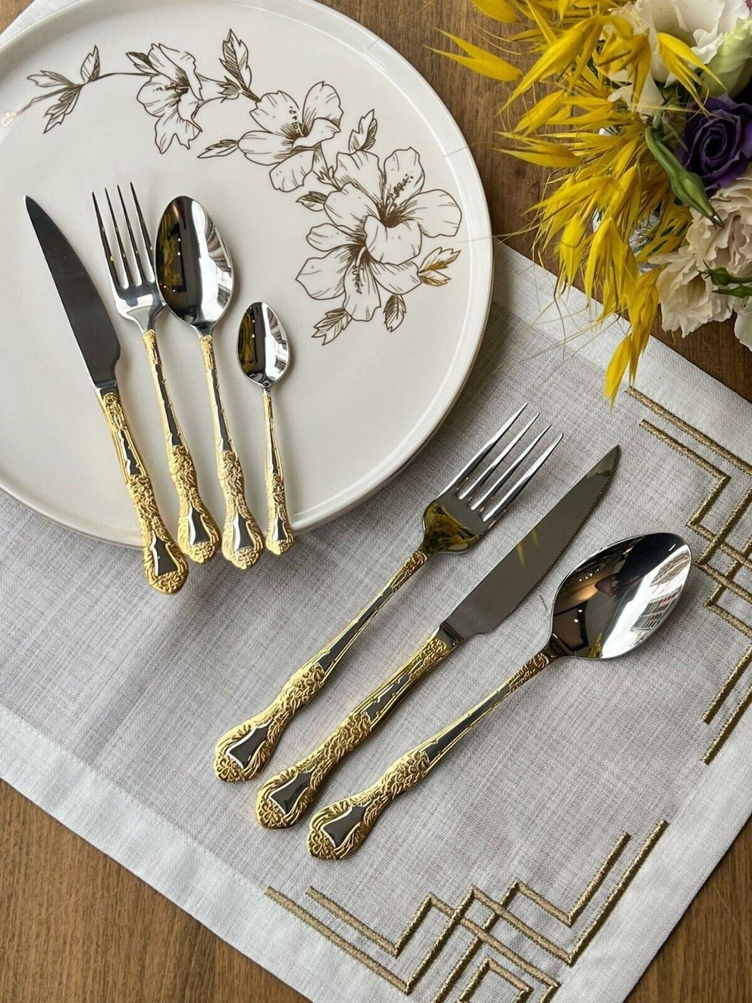 Cutlery 1st Quality 24K Gold Fork Knife Spoon Set 42 Pieces Etsy