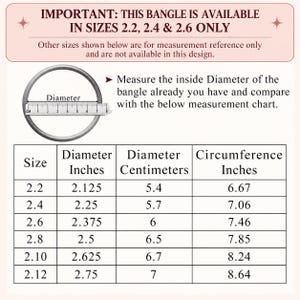 K&ouml;nnte beinhalten: Eine Armreif-Gr&ouml;&szlig;entabelle mit einem kreisf&ouml;rmigen Armreif und einem Lineal, das den Durchmesser in Zentimetern misst. Der Text lautet: IMPORTANT: THIS BANGLE IS AVAILABLE IN SIZES 2.2, 2.4 & 2.6 ONLY. Eine Tabelle listet die Gr&ouml;&szlig;en 2.2 bis 2.12 mit Durchmesser und Umfang.