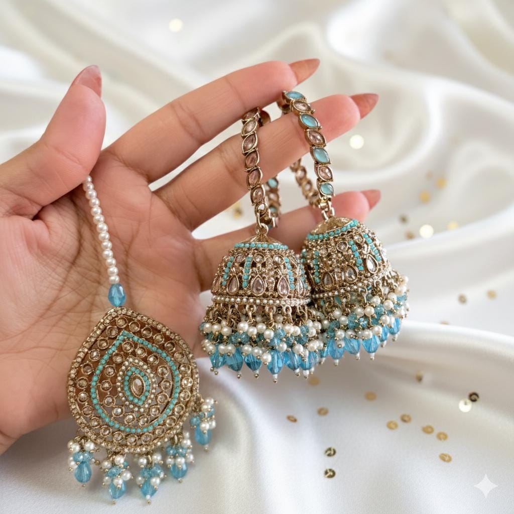 Blue Kundan Jhumka Earrings Set
