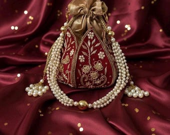 Luxury Red Velvet Potli Bag with Pearl Handle | Indian Wedding Clutch | Embroidered Drawstring Pouch | Sangeet Mehendi Gift for Bridesmaids