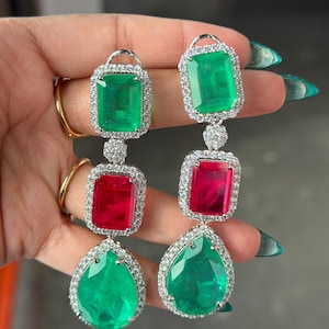 Luxury Emerald Ruby Doublet Stone Earrings,Statement Geometric Glass Crystal Dangle Earrings,Emerald Green and Ruby Red Jewelry,Gift for Her