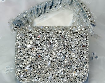 Silver Rhinestone Clutch Bag, Sparkly Grey Evening Purse, Crystal Fringe Bridal Handbag, Luxury Wedding Accessory, Prom Party Bag for Her