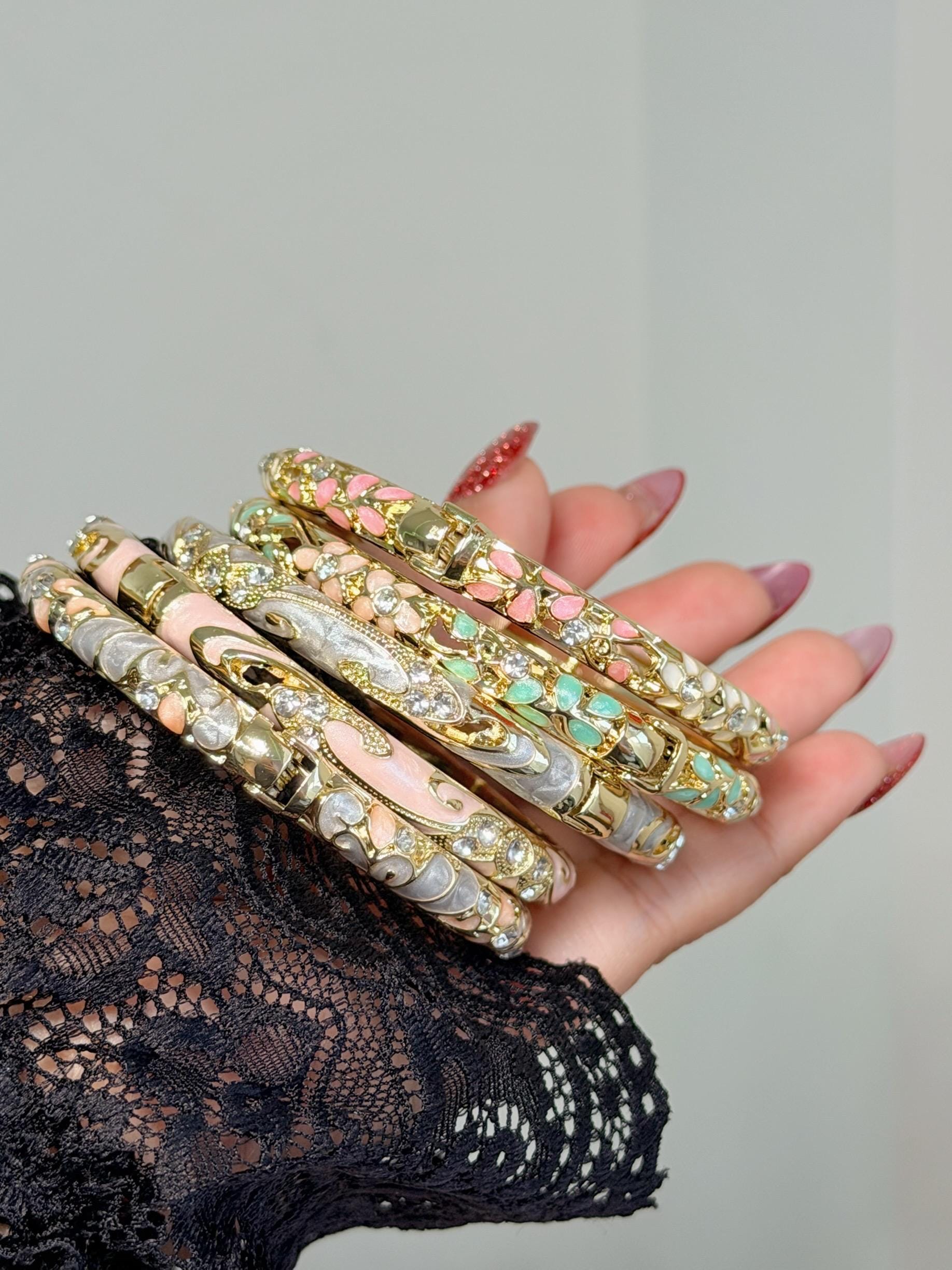 Floral Vintage Bangle,anti Tarnish Bangle, Enamel Work Bracelet
