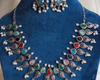 Conjunto de collar largo, conjunto de collar oxidado, conjunto de collar de plata, joyería de plata oxidada, conjunto de joyería india con pendientes, réplica de plata