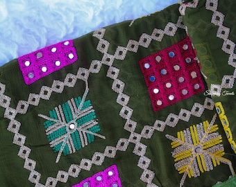 Chiffon Mirror Phulkari Dupatta, Indian dupatta,Glamour hand embroidered dupatta,Mirror dupatta with lace border,karvachauth,Diwali, wedding