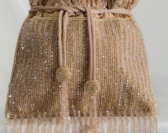 Bolso Potli dorado champán con cuentas para novias/Bolso de boda indio de lujo hecho a mano/Bolso de mano de noche bordado con zardosi y flecos de cristal, festivo