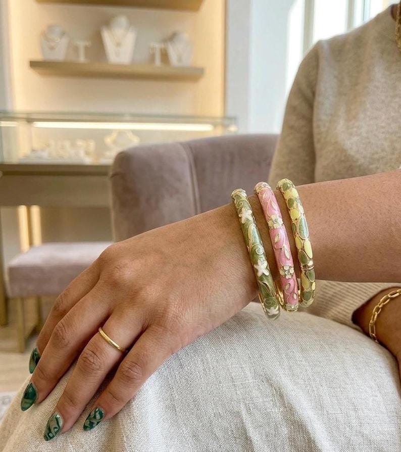 Floral vintage bangle,Anti tarnish bangles, Enamel work bracelet, colored enamel bangle,birthday gift for her, gold plated colorful bangle image 3