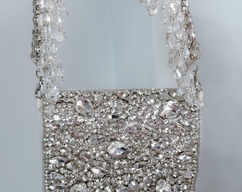 Silver Rhinestone Clutch Bag, Sparkly White Evening Purse, Crystal Fringe Bridal Handbag, Luxury Wedding Accessory, Prom Party Bag for Her