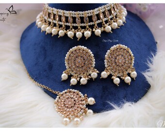 White Polki Choker set, Polki earrings and Tikka set, Indian Bollywood Inspired Necklace Set, Pakistani Jewellery Set, Wedding jewelry set