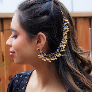 Goldene Sahara Ketten Ohrringe: Blauer Monalisa Stein Indischer Schmuck