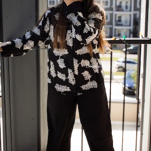 Zwarte combi-sets, bijpassende boho-set, puur katoenen combi-set, geborduurd shirt, kant-en-klare combi-set voor vrouwen, casual shirt-broekenset