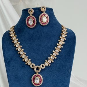 Moissanite Necklace Set Earrings|Ruby Red Baguette CZ|American Diamond Bridal Jewelry|Sabyasachi Gold Plated Indian Pakistani Jewelry set