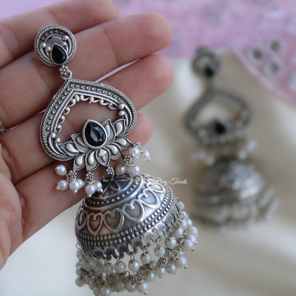 Silver Replica Jhumkas, Ethnic Traditional jhumka , Silver jhumka earrings, Indian silver lookalike Jhumkas , Big lotus Jhumkas