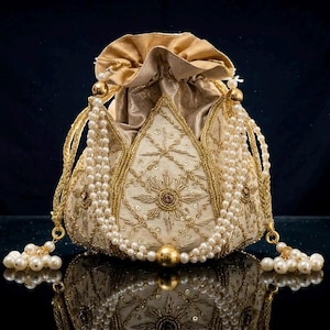 Könnte beinhalten: Ein cremefarbener Beutel mit Kordelzug, der mit aufwendigen goldenen Stickereien in einem Blumenmuster und kleinen transparenten Pailletten verziert ist. Die Tasche ist mit mehreren Strängen aus weißen Kunstperlen und Goldperlen sowie Quasten versehen.