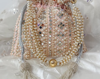 Handcrafted Embroidered Potli Bag,Mirror Pearl Potli Bag, Mirror Potli with beaded pearl chain,evening bag,embroidered, baby pink Mirror bag